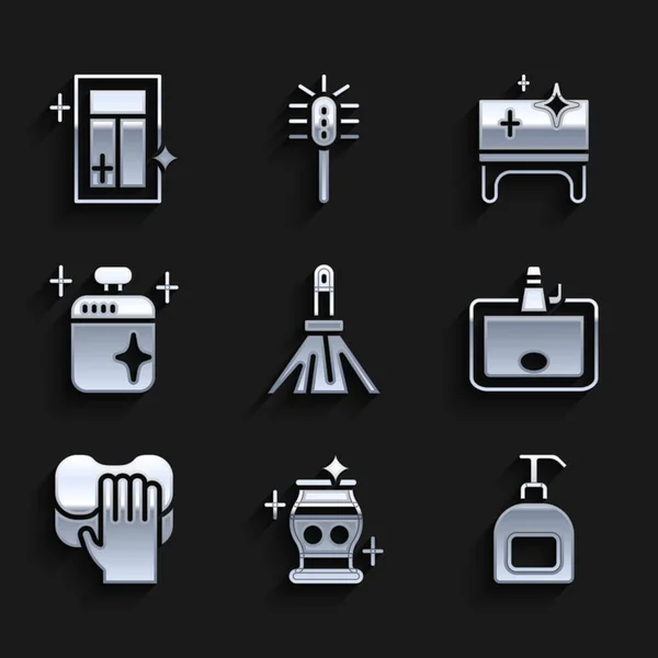 Handvat bezem, schone vaas, fles vloeibare zeep, wastafel, schoonmaak service, kookpot, tafel en voor venster pictogram. Vector — Stockvector