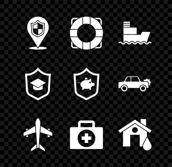 설정 위치 방패 , Lifebuoy, Ship, Plane, First aid kit, House flood, Graduation cap with and Piggy bank icon. Vector — 스톡 벡터