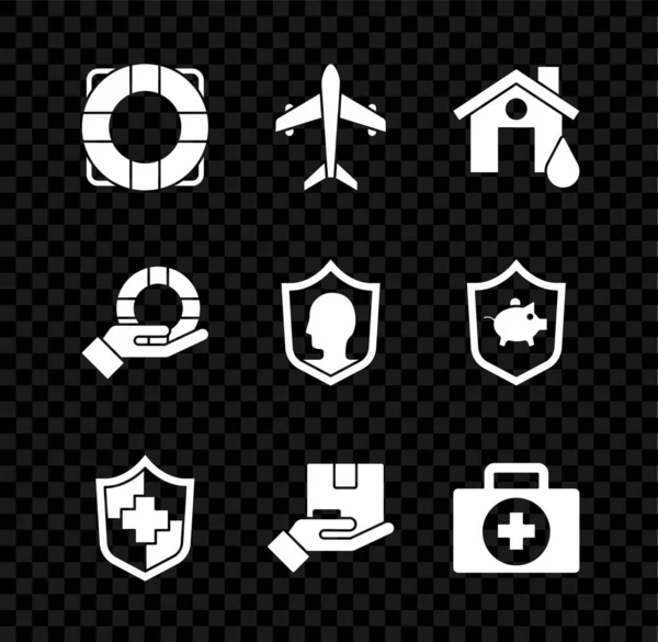 Lifebuoy, Plane, House árvíz, biztosítás pajzs, szállítás, elsősegély készlet, kéz és ikon. Vektor — Stock Vector