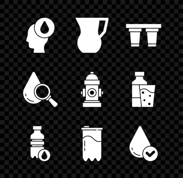 Set Water drop, džbán sklenice s vodou, filtr, láhev, kazeta, kapka a lupa a požární hydrant ikony. Vektor — Stockový vektor