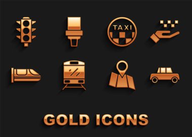 Treni ayarlayın, taksiyle el, araba, katlanmış harita konumu, yüksek hızlı tren, taksinin çatısı, trafik ışığı ve emniyet kemeri ikonu. Vektör