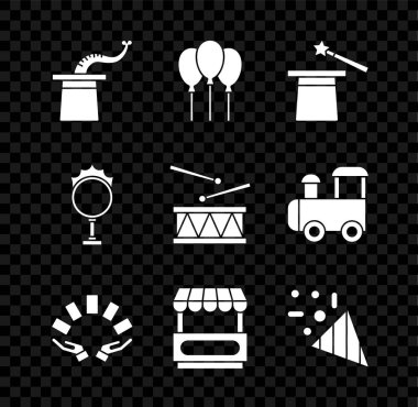 Sihirbaz şapkası, kurdeleli balonlar, ve değnek, iskambil kağıdı, Fast Street yemek arabası, Festive konfeti, Circus ateş çemberi ve davul sopası ikonu. Vektör