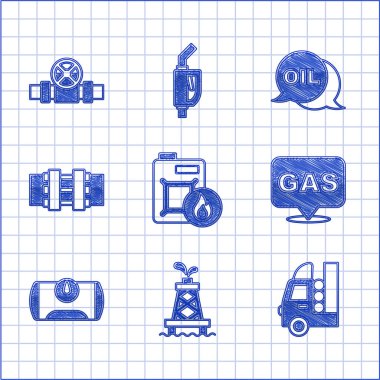 Motor yağı, petrol platformu, benzin deposu, konum ve benzin istasyonu, metal boru vanası, kelime ve simge için teneke ayarlayın. Vektör
