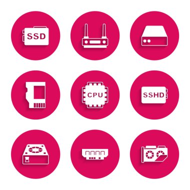 İşlemciyi işlemci, RAM, rastgele erişim belleği, Video grafik kartı, SSHD, Bilgisayar soğutucusu, SD, Sunucu, Data, Web sunucu ve SSD simgesi ile ayarla. Vektör