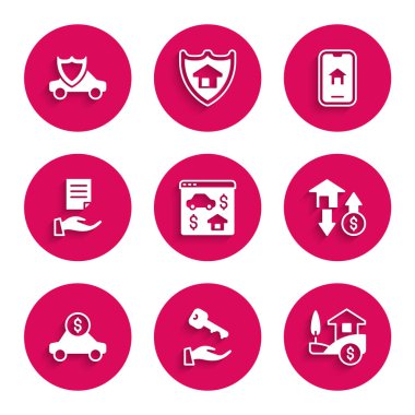 Çevrimiçi gayrimenkul, ev anahtarı, dolar, araba kiralama, sözleşme ve kalkan ikonu. Vektör