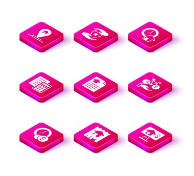 Set Time para, House, Calculator, sözleşme, online emlak, bisiklet kiralama mobil uygulaması ve kalkan simgesi. Vektör