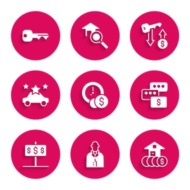 Set Zamanı, para, emlakçı, dolarlı ev, fiyat pazarlığı, araba paylaşımı, kira anahtarı ve ikon. Vektör