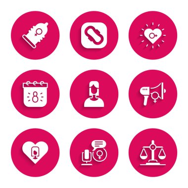 Set Kadın, Mikrofon, Cinsiyet eşitliği, Feminist aktivist, Kalp ve Kadın Takvimi 8 Mart, Feminizm ve Kondom ikonu. Vektör