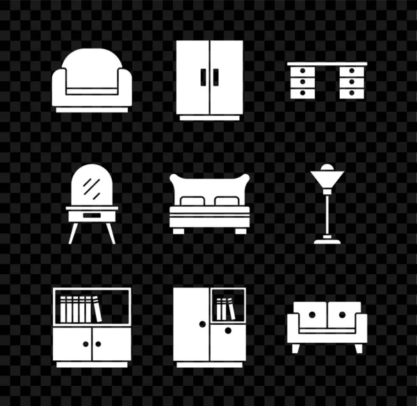 Set Armchair, Wardrobe, Office desk, Library bookshelf, Sofa, Dressing table and Big bed icon. Vector — Stock Vector