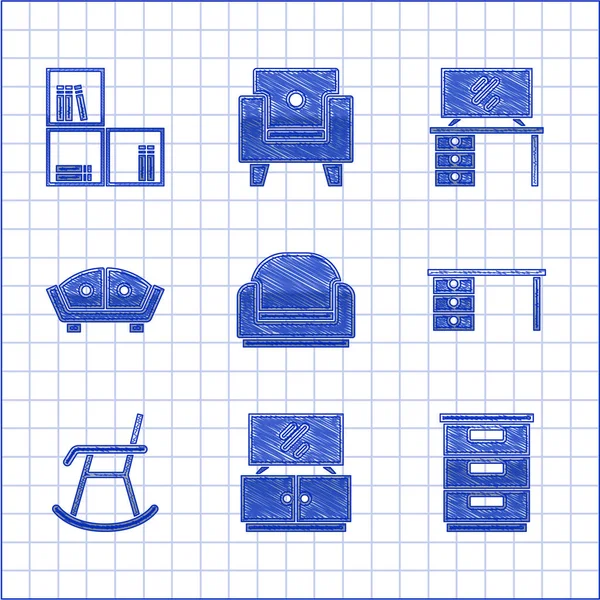 Set křeslo, TV stůl stojan, Nábytek noční stolek, Kancelářský stůl, pohovka, a police s ikonou knihy. Vektor — Stockový vektor