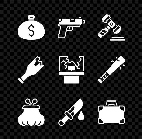 Ställ in pengar väska, Pistol eller pistol, domare klubba, plånbok, blodig kniv, Portfölj och pengar, bruten flaska vapen och fönster ikon. Vektor — Stock vektor