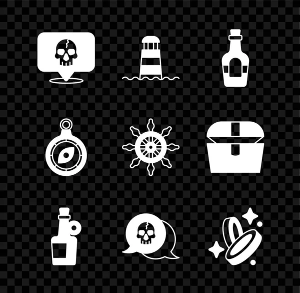 Set Cranio, Faro, Bevanda alcolica Rum, Pirata moneta, Bussola e Nave icona volante. Vettore — Vettoriale Stock