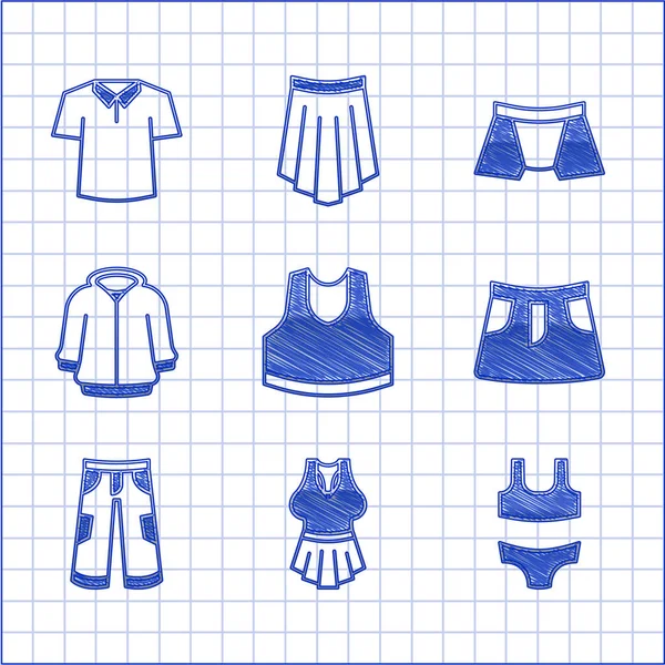 Set Undershirt, Swimsuit, Skirt, Pants, Hoodie, Men underpants and Shirt icon. Vector — 스톡 벡터