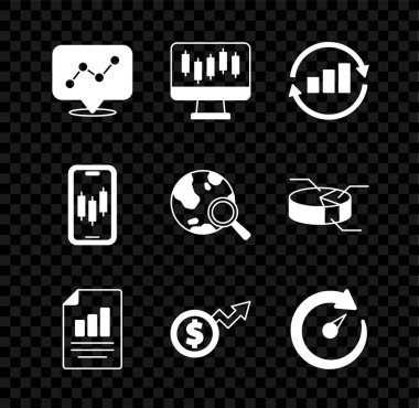 Grafik grafiğini, borsa büyüme grafiklerini, Finansal doları, dijital hız göstergesini, mobil hisse senedi ticaretini ve Arama dünyası simgesini ayarlayın. Vektör