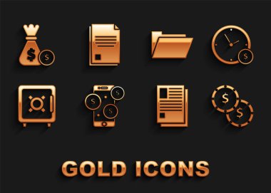 Akıllı telefonu dolar sembolü ile ayarla, zaman para, sikke, dosya dökümanı, kasa, belge klasörü, para çantası, para çantası ve para ve simgedir. Vektör