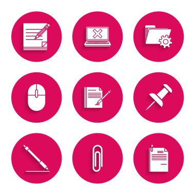 Boş defter ve kalem, ataç, Dosya belgesi, Pin, Kalem satırı, Bilgisayar faresi, Dizin ayarları ve silgi simgesini ayarlayın. Vektör