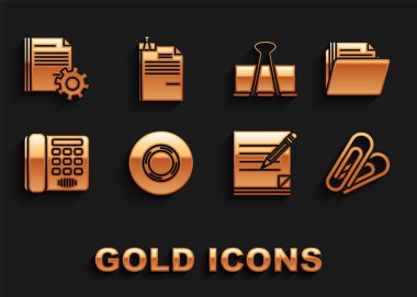 Scotch, Doküman dizini, Kağıt raptiyesi, Silgi, Telefon, Binder, ayarlar dişlileri ve Dosya dosya klasörü simgesiyle boş defter ve kalem ayarlayın. Vektör