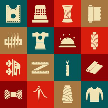 Süveter, tekstil kumaş rulosu, dikiş ipliği, kadın elbisesi dikiş iğnesi, şablon ve yatak ve iğne ikonu. Vektör