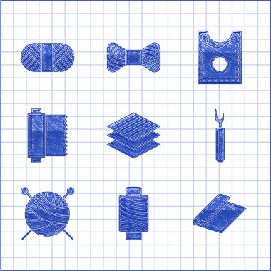Tekstil kumaş rulosunu, dikiş ipliğini, kesme aletini örgü iğneli iplik topunu, deseni ve simgesini ayarla. Vektör