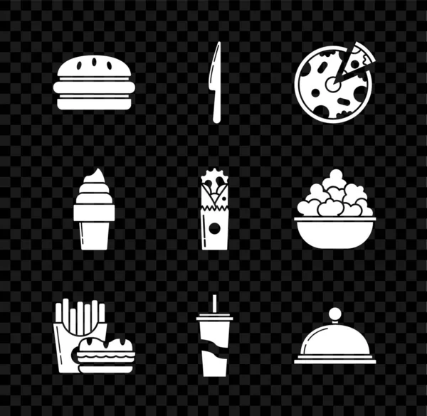 Set Burger, Knife, Pizza, and french fries in carton package box, Paper glass with drinking straw water, Covered tray of food, Ice cream waffle cone and Doner kebab icon. Vector — Stock Vector