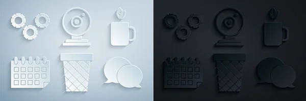 Set Papelera, Taza de té y hoja, Calendario, Charla de voz, Cámara web e icono de engranaje. Vector — Vector de stock