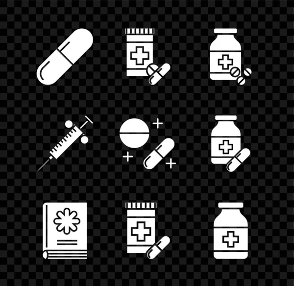 Set Medicina pillola o compressa, flacone e pillole, libro medico, siringa e icona. Vettore — Vettoriale Stock