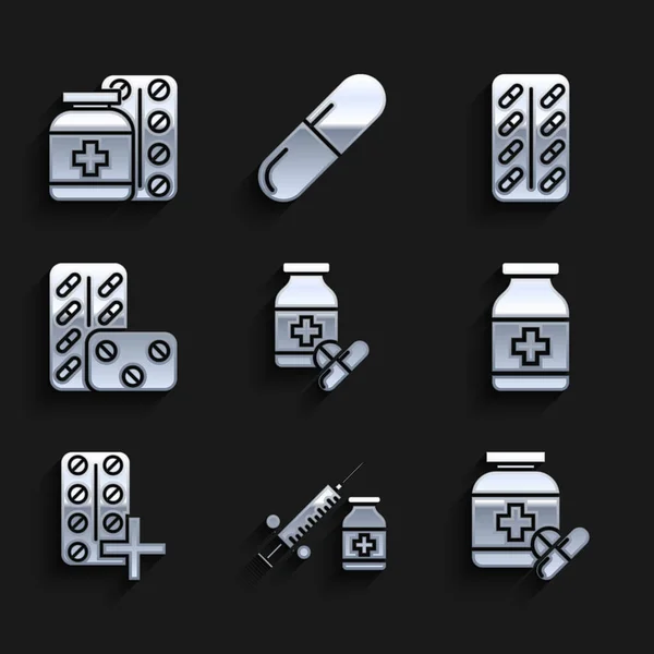 Set Flacon de médicament et pilules, seringue médicale avec flacon d'aiguille ou ampoule, plaquette thermoformée et icône. Vecteur — Image vectorielle