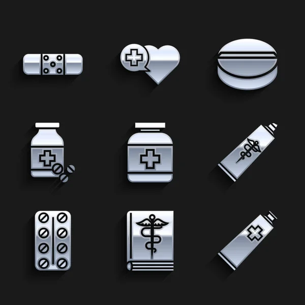 Set frasco de medicina, libro médico, ungüento crema tubo medicina, píldoras blister paquete, y pastillas, o tableta y vendaje icono de yeso. Vector — Vector de stock