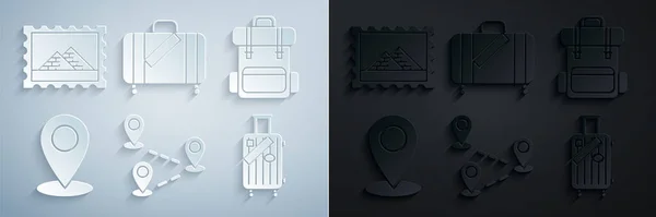 경로 위치 설정,히 킹 백 팩, 맵 핀, 여행 및 스티커 의 Suitcase, 그리고 Postal 우표 이집트 피라미드 아이콘. Vector — 스톡 벡터