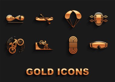 Bisikleti sokak rampasına, dizliklere, kayak gözlüklerine, tırmanma ipine, numaraya, paraşüte, kaykaya ve tekne ikonuna ayarlayın. Vektör