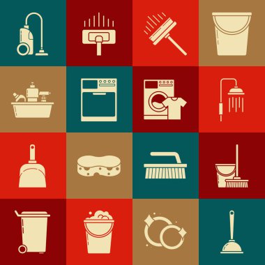 Tuvalet pompası, paspas ve kova, su damlası akan duş başlığı, kazıyıcı, silecek, çamaşır makinesi, sıvı bulaşık deterjanı için plastik şişeler, elektrikli süpürge ve tişört ikonu. Vektör