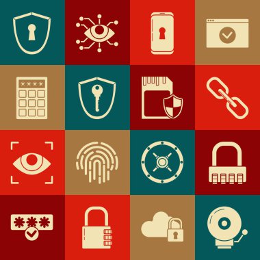 Alarm zilini, şifreli kilidi, zincir linkini, akıllı telefonu, kalkanın anahtarını, şifre korumasını ve güvenlik erişimini, anahtar deliğini ve SD kart kalkanı simgesini ayarla. Vektör