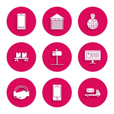 Açık posta kutusu, mobil telefon ve uygulama dağıtım takibi, posta kamyonu, bilgisayar monitörü, destek operatörü dokunuşu, demiryolu arabası ve simgesini ayarlayın. Vektör