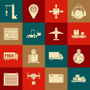 Karton kutular, dünya çapında, konveyör bandı, mukavva trafik sembolü, forklift, dizüstü bilgisayar uygulaması teslimat takibi, liman vinci ve uçak simgesi ile teslimat kamyonunu ayarlayın. Vektör