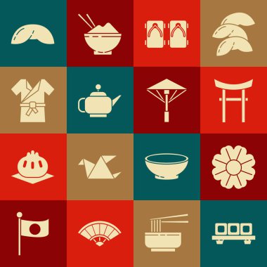 Suşi 'yi kesme tahtasına, çiçeğe, Japon Kapısına geleneksel Japon ayakkabılarına, çay törenine, kostümlü kimonoya, Çin şans kurabiyesine ve güneş ikonundan gelen şemsiyeye ayarla. Vektör