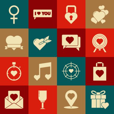 Hediye kutusunu ve kalbini, alışveriş torbasını, dartların merkezindeki kalbi hedef al, Castle şekli, Amour oku, kurdele, kadın cinsiyet sembolü ve ikon gibi. Vektör