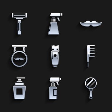 Elektrikli saç makası veya tıraş makinesi, kuaför tabancası sprey şişesi, el aynası, saç fırçası, şampuan şişesi, berber dükkanı, bıyık ve tıraş jileti ikonu. Vektör