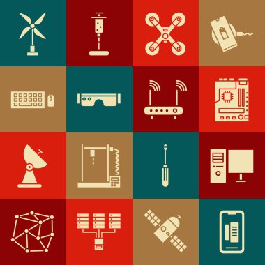 Akıllı telefonu, cep telefonunu, bilgisayar monitörünü, İHA 'yı, İHA' yı, gözlükleri, klavyeyi ve fareyi, rüzgar türbini ve Wi-Fi sinyal simgesini ayarla. Vektör