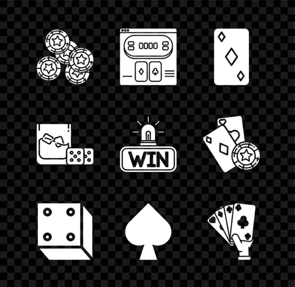 Jeu de jetons Casino, Jeu de table de poker en ligne, Jeu de cartes avec symbole de diamants, Jeu de dés, pique, Main tenant des cartes à jouer, verre de cubes de whisky et icône de victoire. Vecteur — Image vectorielle