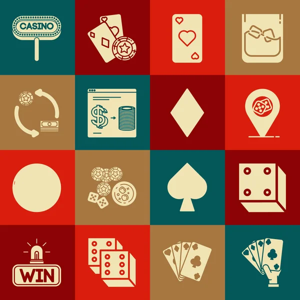 Set de cartas de mano, dados de juego, ubicación del casino, jugar con el símbolo del corazón, fichas de casino en línea intercambian pilas de dólares, letrero y diamantes icono. Vector — Archivo Imágenes Vectoriales