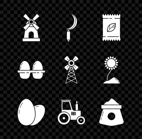 Set Windmill, Sickle, A pack full of seeds of a specific plant, Chicken egg, Tractor, Bag flour, box and icon. Vector — Vector de stock