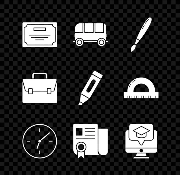 Set modello di certificato, scuolabus, pennello, orologio, monitor con tappo di laurea, valigetta e pennarello icona. Vettore — Vettoriale Stock