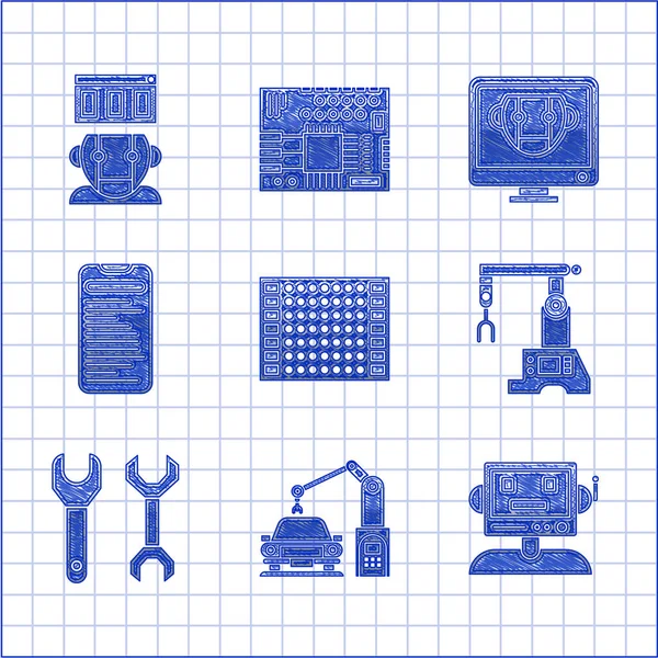 Nyomtatott áramköri lap PCB, Ipari gép robot kar kéz, Robot, Szerelősor, Spanner, Computer api interfész, Bot és ikon. Vektor — Stock Vector
