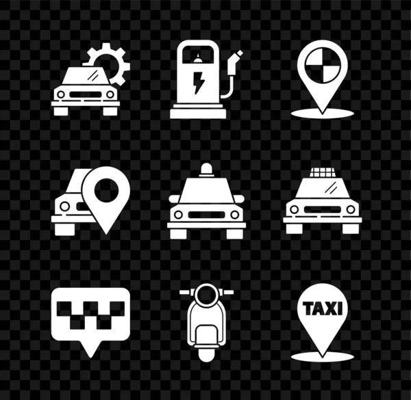 Set Car service, Stazione di ricarica auto elettrica, Mappa puntatore con taxi, Scooter, e l'icona Taxi. Vettore — Vettoriale Stock