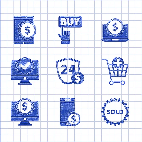 Schild mit Dollar, Smartphone, Verkaufsetikett, In den Warenkorb legen, Computermonitor, Laptop und Tablet-Symbol. Vektor — Stockvektor