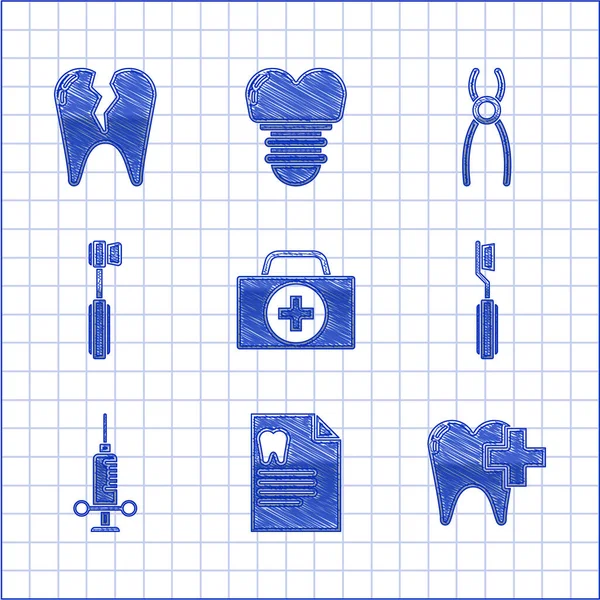 Set EHBO-kit, Klembord met tandartskaart, Tandheelkundige kliniek voor zorgtand, tandenborstel, medische spuit, tang en gebroken pictogram. Vector — Stockvector