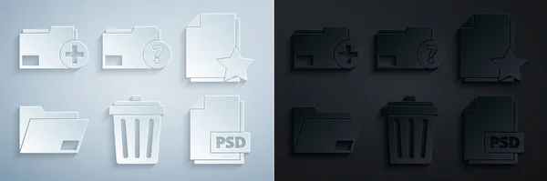 Set Papierkorb, Dokument mit Stern, Ordner, PSD-Datei Dokument, Unbekannt und Neues Symbol hinzufügen. Vektor — Stockvektor