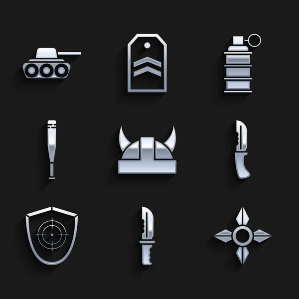 Set Wikinger mit gehörntem Helm, Militärmesser, japanischen Ninja Shuriken, Zielsport, Baseballschläger, Handgranate und Panzer-Ikone. Vektor — Stockvektor