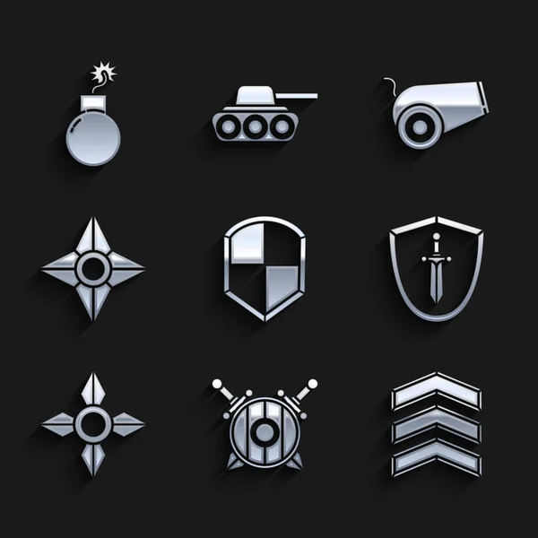 Set Shield, Wooden shield with crossed swords, Military rank, Medieval, Japanese ninja shuriken, Cannon and Bomb ready to exploit icon. Вектор — стоковый вектор