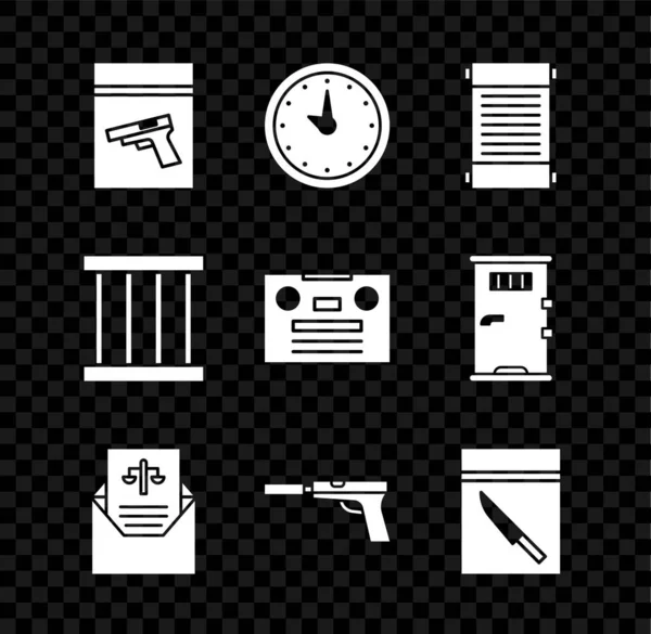 Встановіть мішок доказів, пістолет або пістолет, годинник, указ, папір, пергамент, прокрутка, Subpoena, пістолет з глушником, ніж, вікно в'язниці та піктограма ретро аудіокасети. Векторні — стоковий вектор